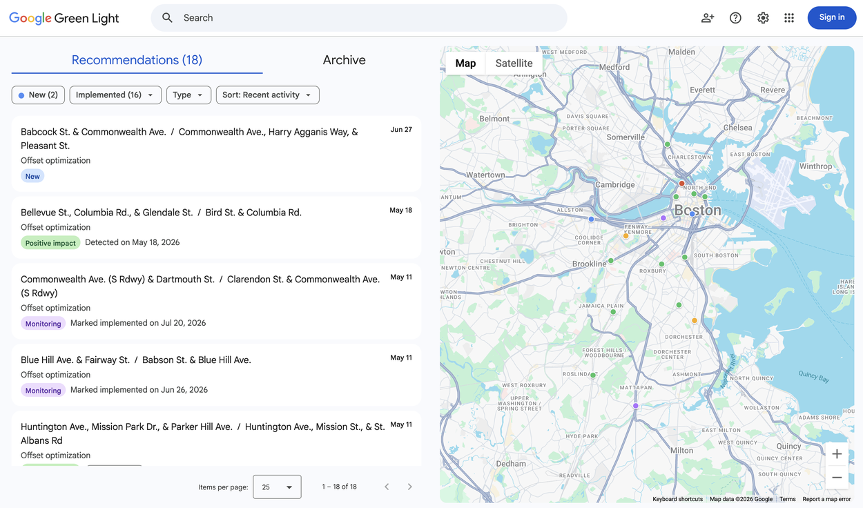 The Green Light dashboard displaying a city map with traffic intersection optimization recommendations.