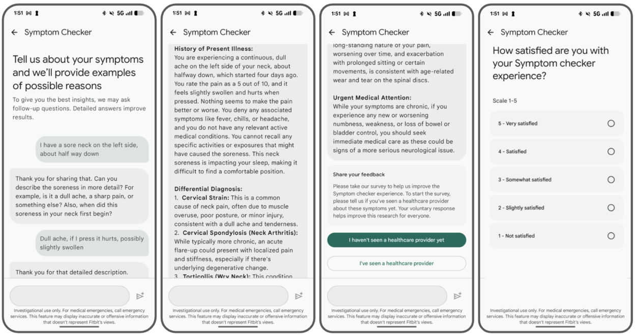 Four smartphone screenshots display a conversational Symptom Checker research app collecting neck pain symptoms, showing a diagnosis summary, and prompting a feedback rating.