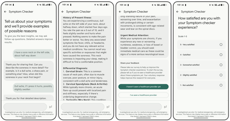 A mobile Symptom Checker app flow showing a symptom chat, AI diagnosis, medical warnings, and a user satisfaction survey.