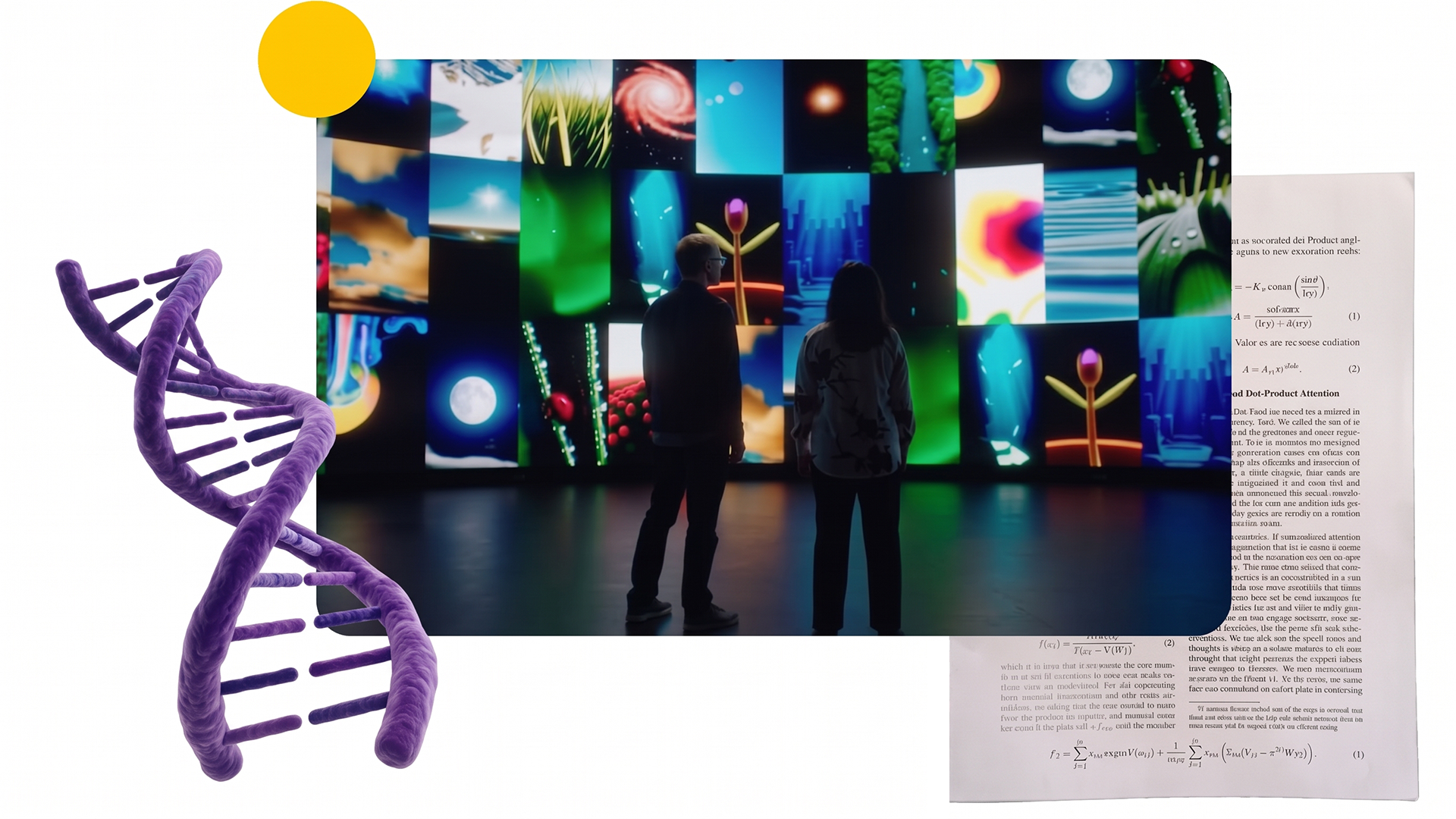 A composite showing a purple DNA helix, two people viewing a multi-screen scientific display, and a math document.