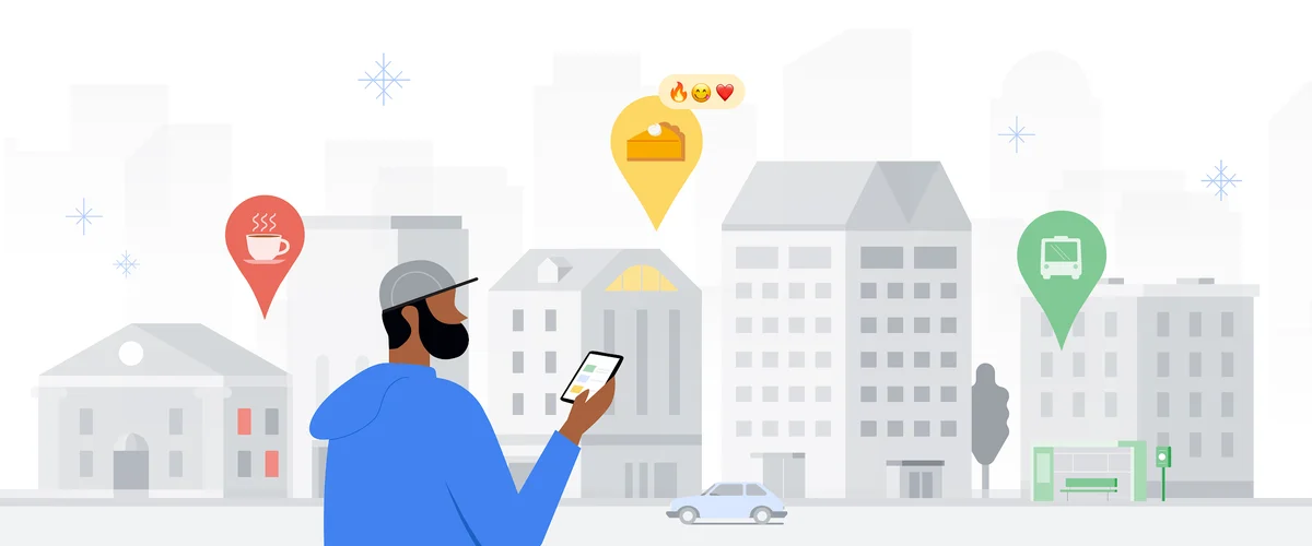 An illustration shows a man holding a phone in front of a city backdrop. Pins in the air indicate places like bakeries and transit stations.