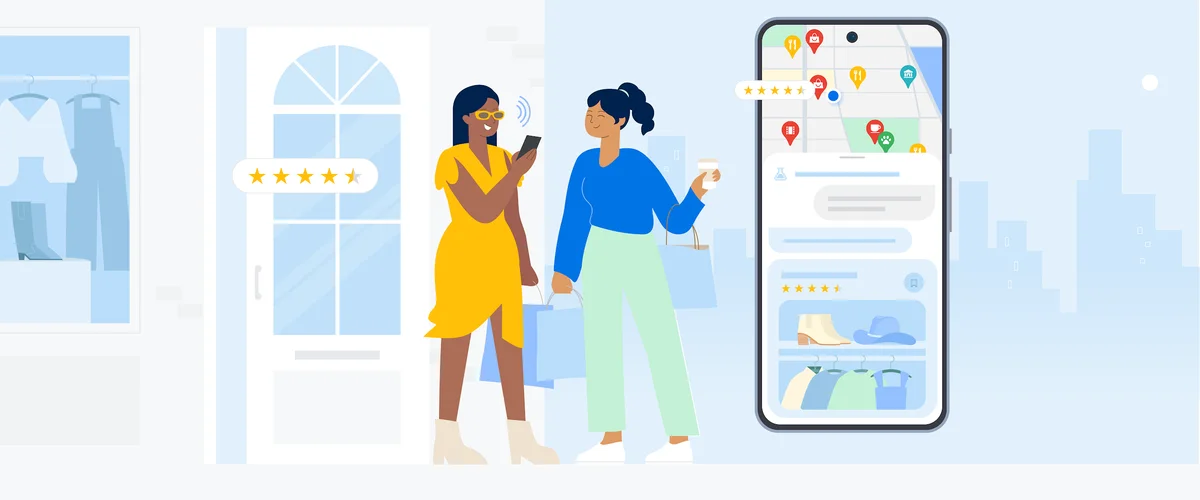 An illustration shows two women in front of a retail store facade holding shopping bags and coffee. Next to them is a large phone illustrating Google Maps new generative AI exerience.