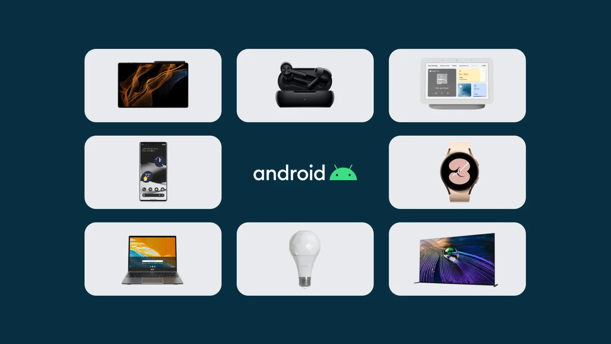 Hay tres filas de dispositivos Android, incluyendo un teléfono, una tableta, un reloj y más. El nombre y el logotipo de Android está en el centro de la imagen con un fondo azul marino.