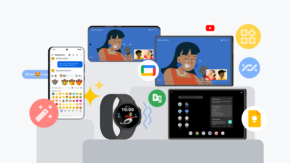 Illustration of two smartphones, two tablets, and a Wear OS powered smartwatch, all displaying new features.