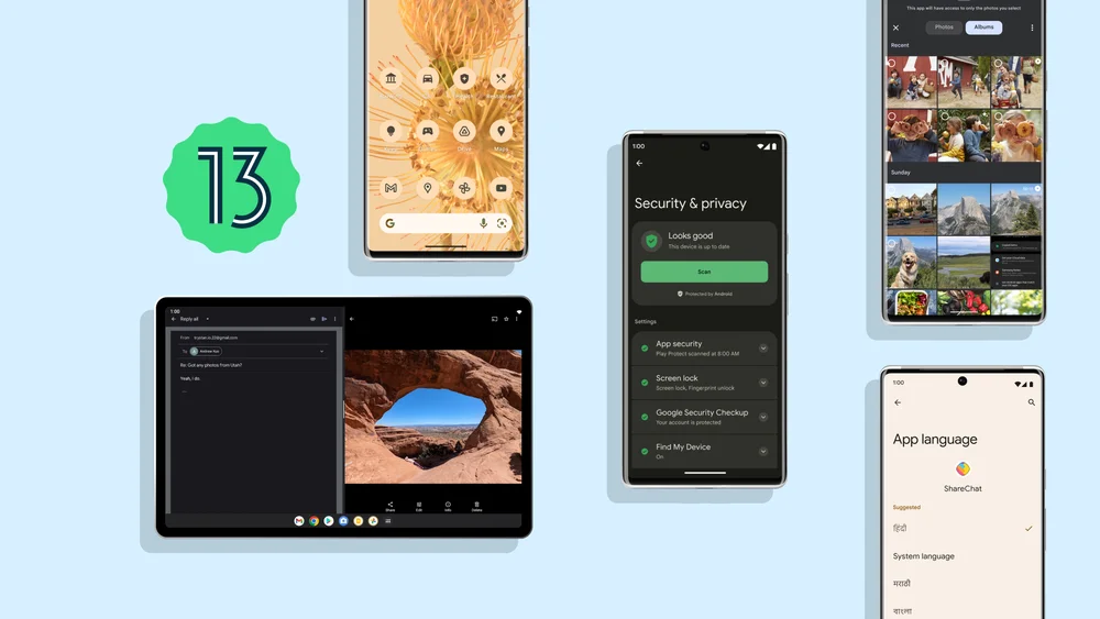 In front of a light blue background, the green Android 13 logo appears beside a collage of four phones and one tablet, each device showcasing a new update coming to Android 13 devices.
