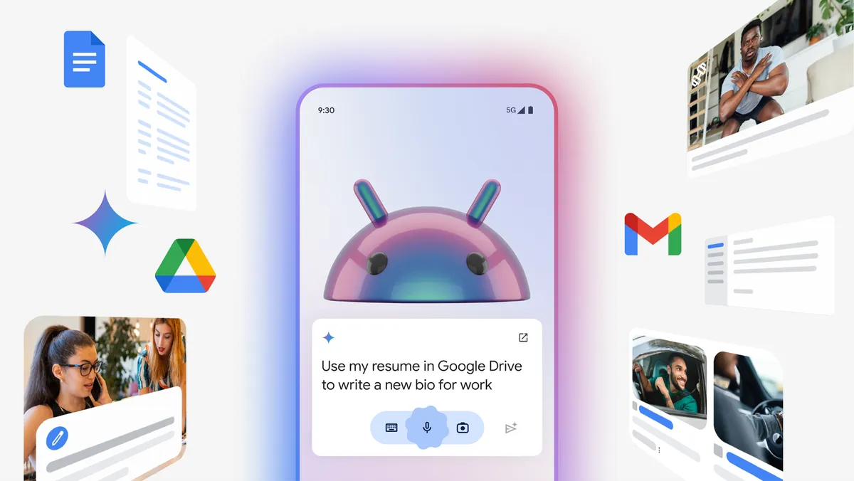 Teléfono Android con Gemini y la consulta: ”Usar mi currículum en Google Drive para escribir una nueva biografía laboral