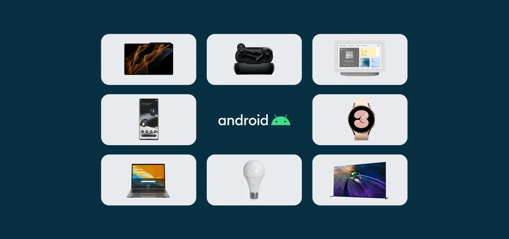 There are three rows of Android devices including a phone, tablet, watch, and more. The Android name and logo is in the middle of the image with a navy background.