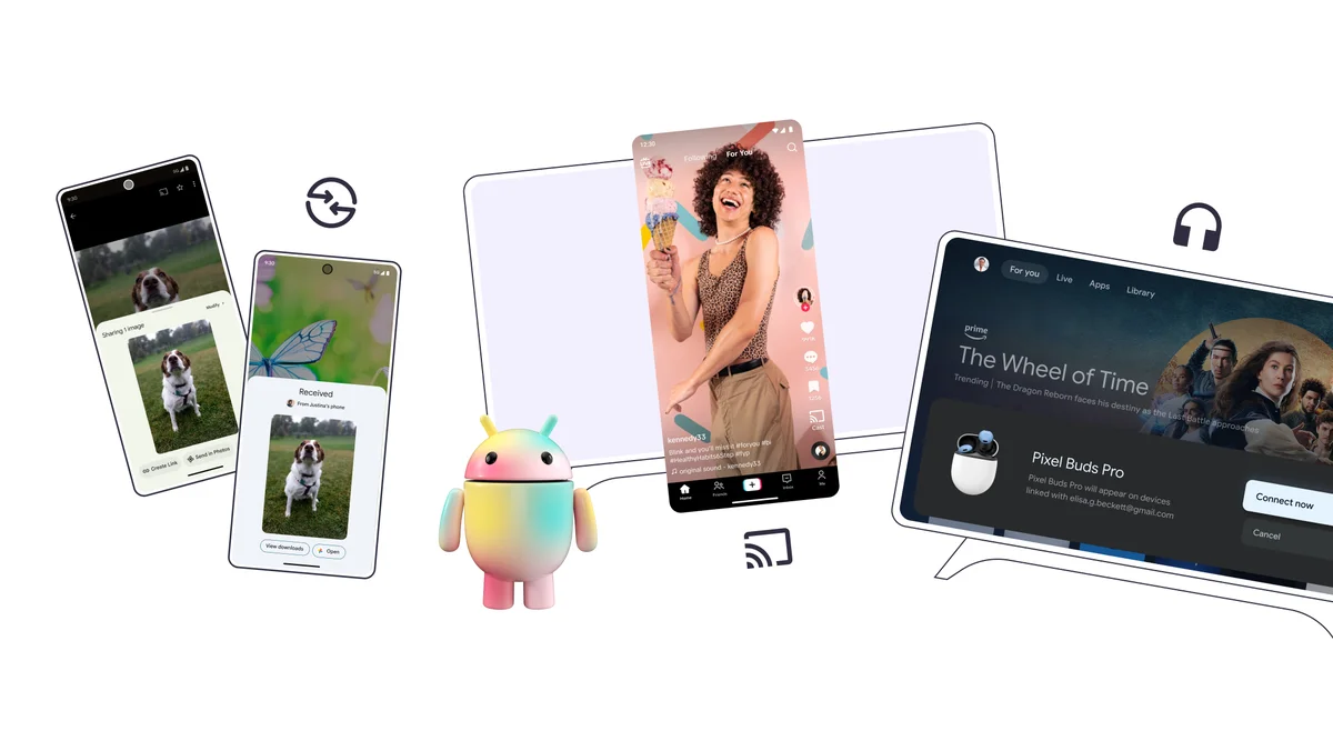 Image of two phones showing a dog photo being shared from one phone to another; a television showing a casted TikTok video; another television showing how to pair your bluetooth headphones to your TV; and a small, colorful Android robot.