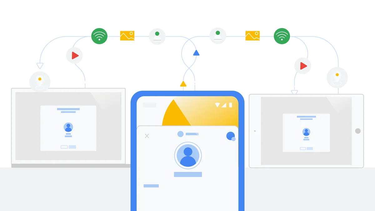 Diagram showing phone sharing types of files like WiFI info, image, music and directions from a phone to laptop and tablet