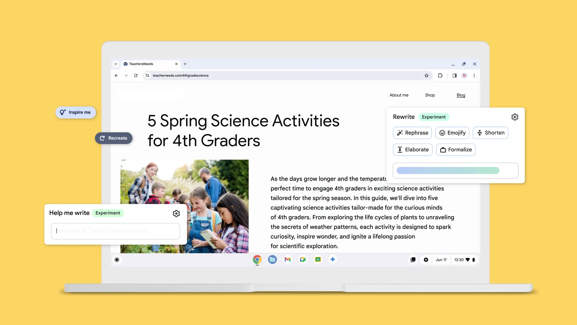 A colorful webpage with images popping out depicting the help me write feature on Chromebook Plus.