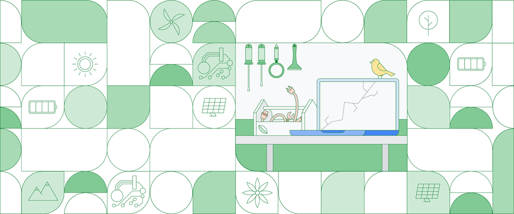 A green and white graphic featuring plants and an inline image of a Chromebook with a cracked screen next to a set of tools. A yellow bird sits on top of the device.