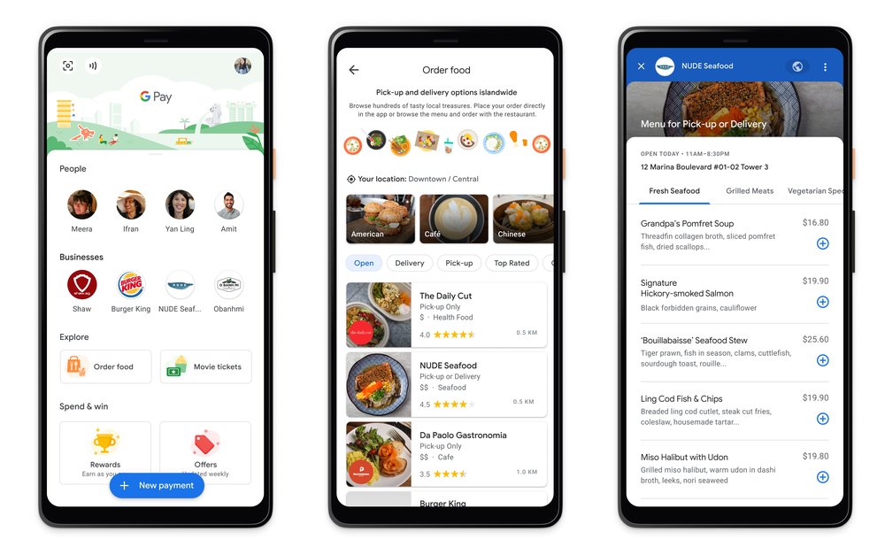 Screen captures of Google Pay’s Menu Discovery feature