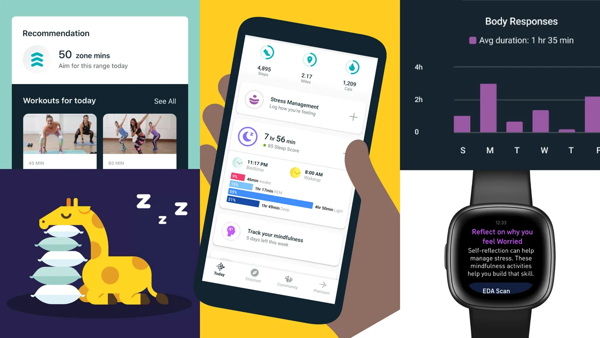 A composite image showing how people use Fitbit to help monitor fitness, sleep and stress.