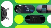 image of a tire patterned bugdroid next to three still images of the Android Auto EV routing feature, a digital car key, and Google Chrome Browser on an infortainment screen.