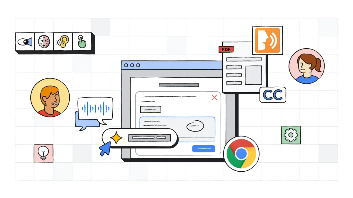 Illustration of a Chromebook screen with icons representing accessibility features like captions and screen readers