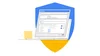 Illustration showing context aware access on a Chromebook with a blue and yellow shield behind it