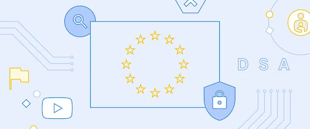 Na jasnoniebieskim tle ilustracja przedstawiająca flagę UE, a wokół niej różne ikony: izotyp YouTube, flaga, szkło powiększające, tarcza zabezpieczająca z zamkiem i akronim „DSA.”.
