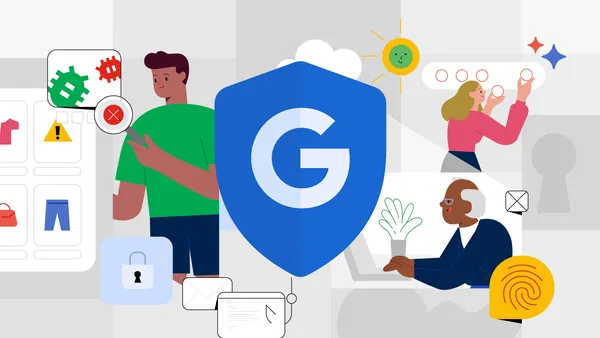 illustration of a blue shield with a "G" on it, icons like a fingerprint and a lock, and three different people