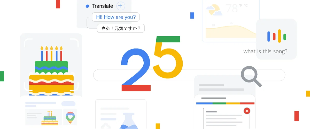 Ilustración del número 25 en colores de Google rodeado de una torta, frases e íconos de búsqueda.
