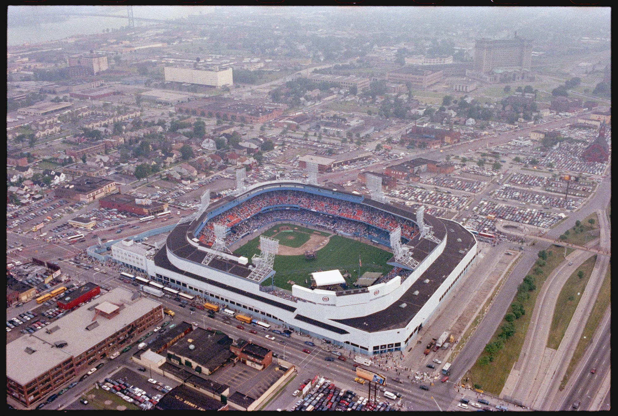 An aerial photograph of Tiger Stadium in Detroit, Michigan.
