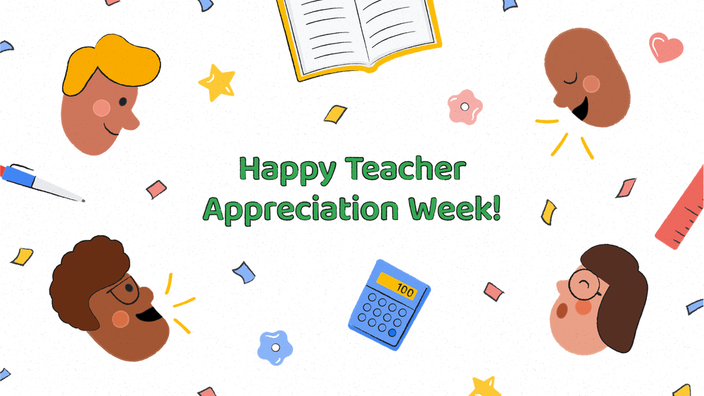 Illustrated people and classroom items, like books and calculators, surround text that says “Happy Teacher Appreciation Week!”