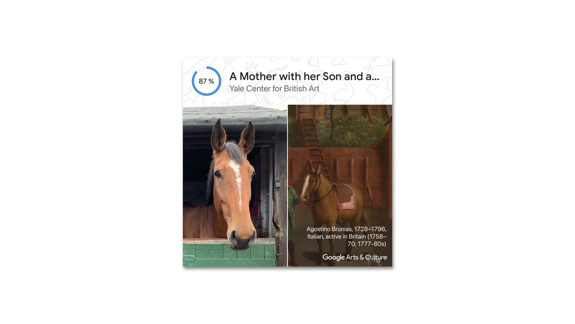 Photo of an elegant horse in a stable matched with a painting of a horse led by a rider.