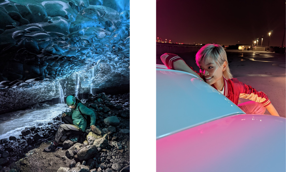 hoto of a hiker sitting in a dark ice cave and photo of a woman leaning on a pink and white car at night.