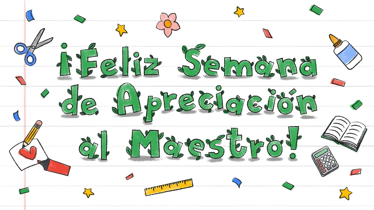 Una ilustración de estilo dibujado a mano de plantas verdes en crecimiento que dicen "Feliz Semana de Apreciación del Maestro"