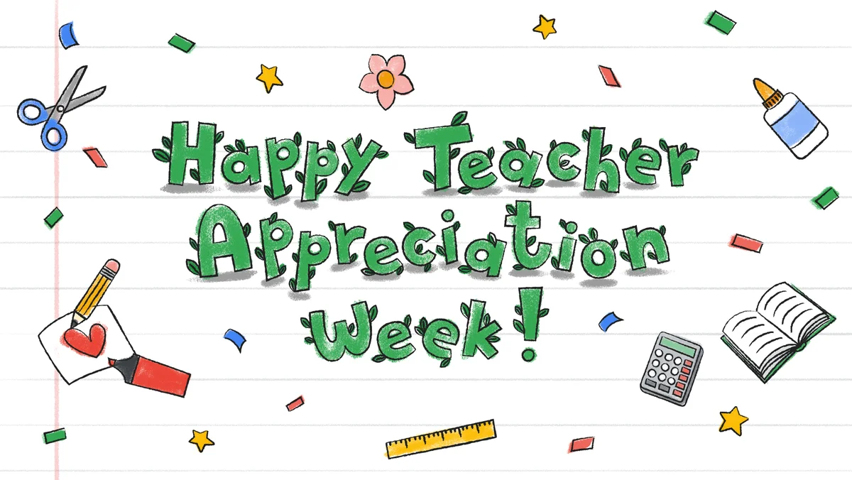 A hand-drawn style illustration of green growing plants that say “Happy Teacher Appreciation Week”