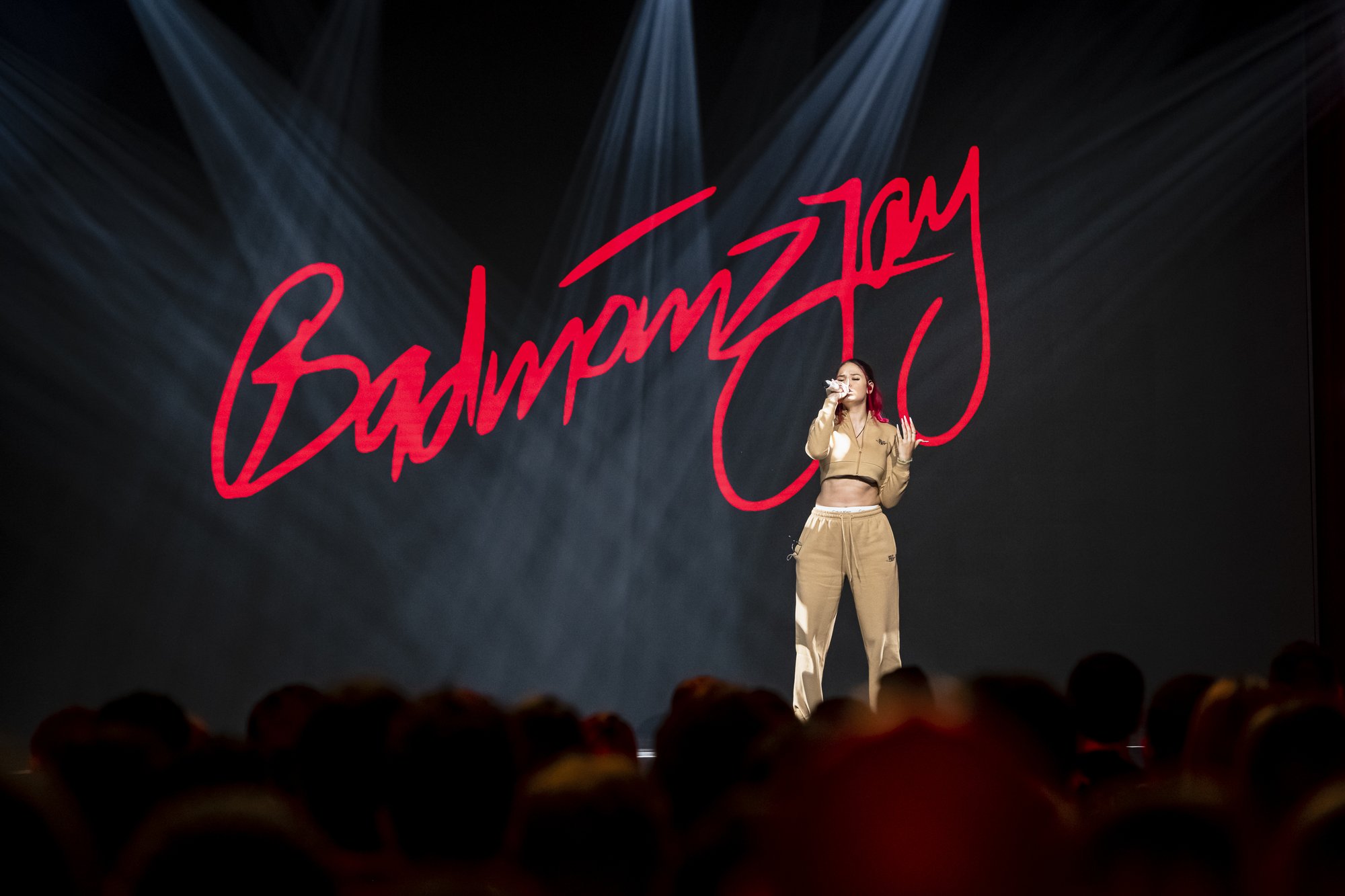 Eine Person steht auf der Bühne und hält ein Mikrofon in der Hand. Im Hintergrund steht der Schriftzug "Badmómzjay".