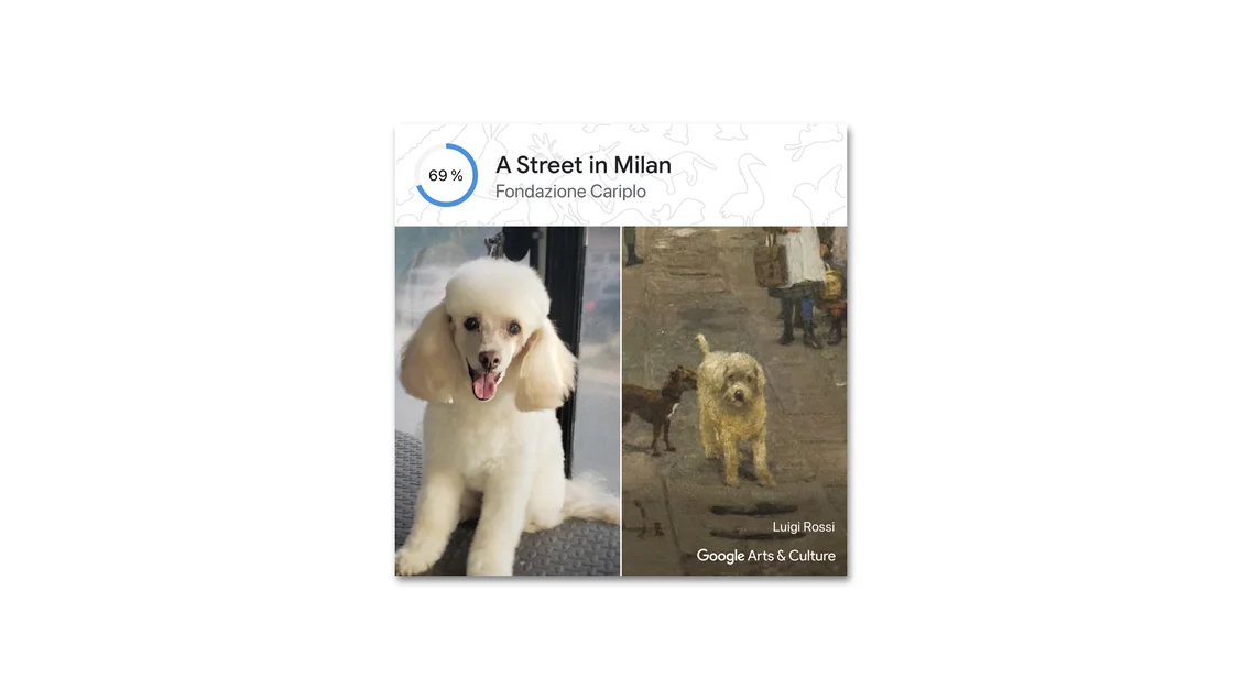 Photo of a white mini-poodle matched with a painting of a fluffy white dog in a street.