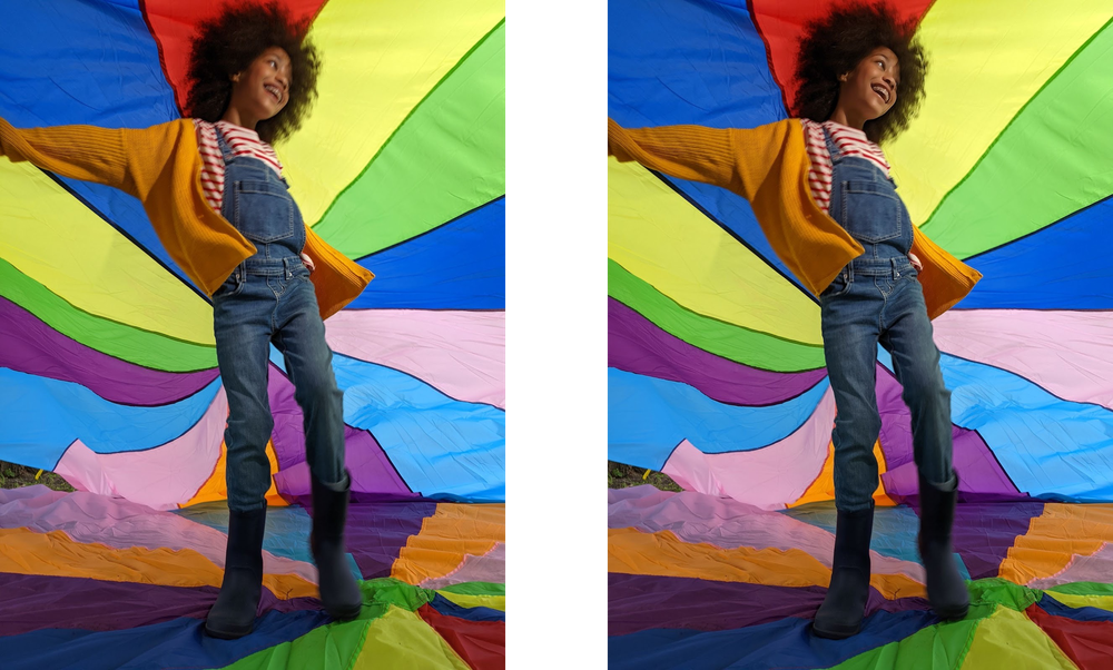 Alt text: Photo of a young girl playing under a colorful awning.