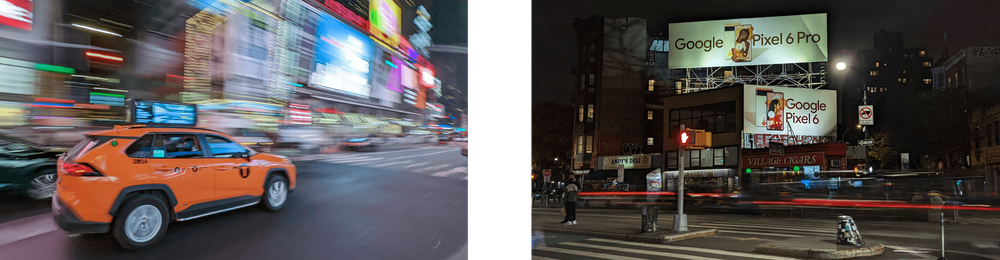 Photo of a city street with streaks of light from taillights and a NYC cab zipping through Manhattan.