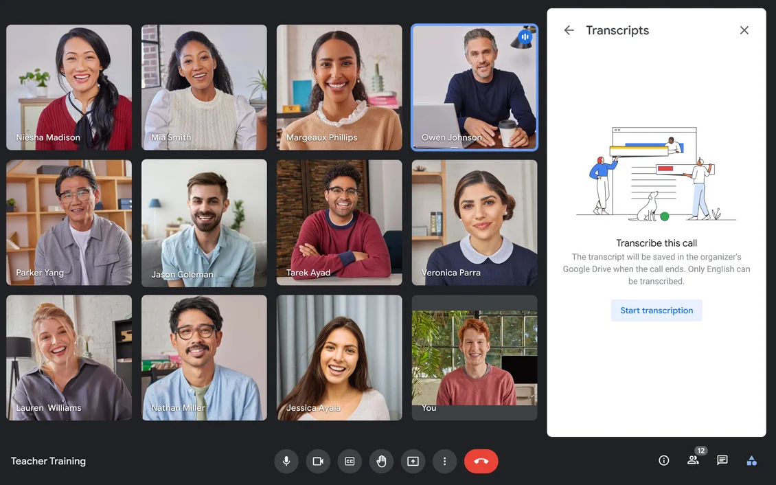 Image of students in a meet call and the feature to turn on auto-transcribe within Google Meet.