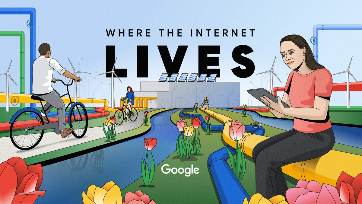 Animated image of a woman sitting on a water pipeline that leads to a data center. She sits near a canal, surrounded by tulips and people cycling on a bicycle path. More pipes and windmills fill out the background.