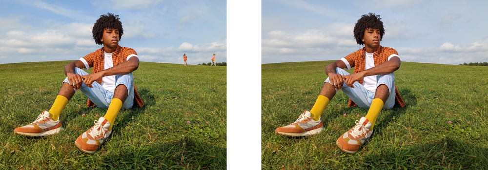 Photo of a person sitting in the grass with two photobombers in the background and the same photo with the photobombers removed using Magic Eraser.