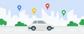 An illustration shows a car driving with a city landscape behind it. Pin icons indicate grocery stores, post offices, bakeries and malls