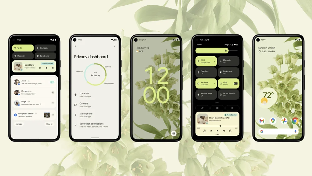 Five phones showing Android 12 experiences with green floral wallpaper