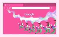 An illustration that shows a line of people playing traditional Korean drums against a pink background.