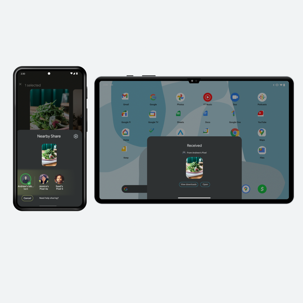 Phone on left showing contacts to send a photo to with Nearby Share next to a tablet on the right with the image being received