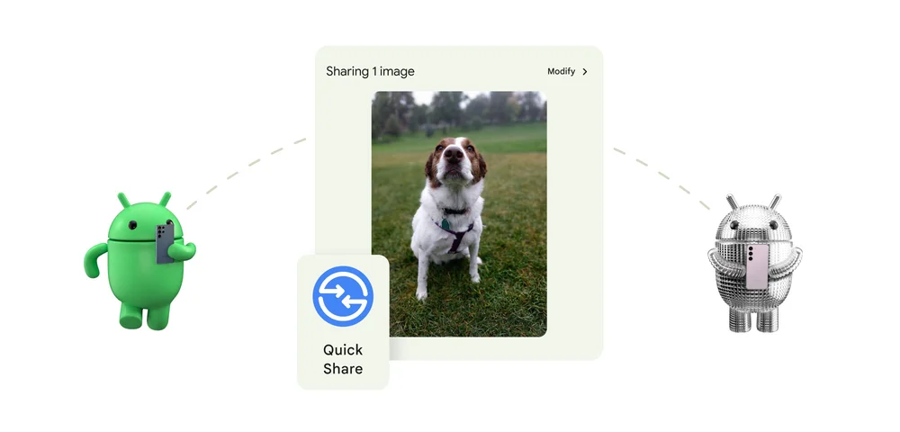 Image of a small, green Android robot sending a photo of a sitting dog using Quick Share to a disco-ball themed Android robot.