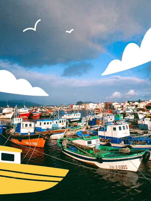 Photograph of a port with small boats. A boat has been drawn in yellow. Clouds in the sky and the silhouette of two seagulls have also been drawn.