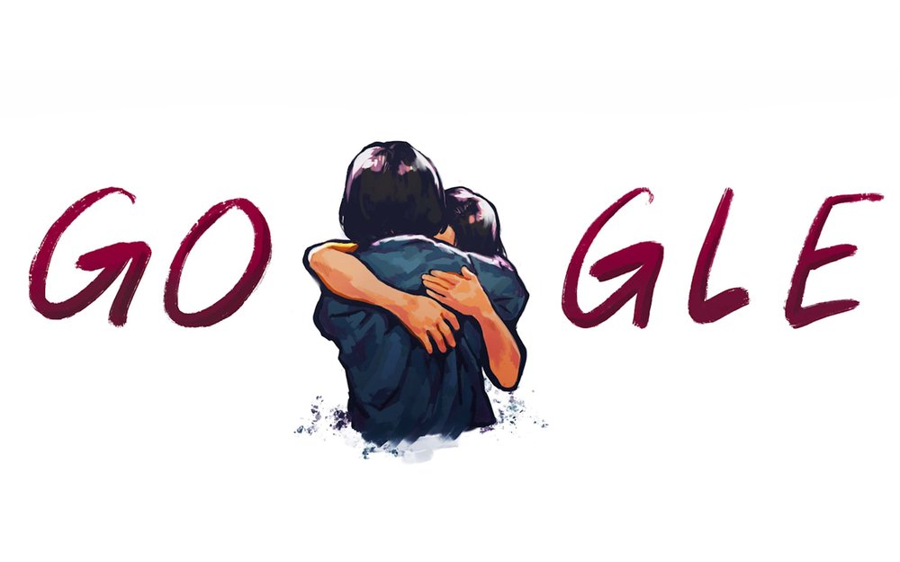 Burgundy script spelling out the word, “Google” with a girl embracing her mother in the center.