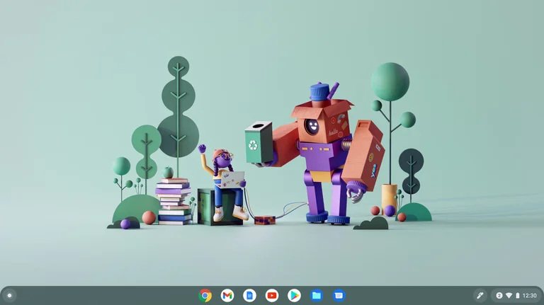 Wallpaper featuring a robot and its creator.