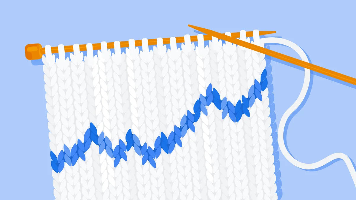 An illustration of two knitting needles creating a blue and white scarf. The blue yarn on the scarf resembles a graph trending upward.