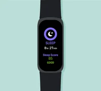 Illustration of Fitbit device showing I slept for 8 hours and 27 minutes and received a "good" Sleep Score of 85.