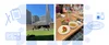 Two side-by-side photos: The first shows a grassy field, there are dogs and people. Skyscrapers are in the background. The second shows a lunch table where you can see some people in the background and in the foreground are multiple plates and bowls of different kinds of food. On the right side there is a frame with an icon that reads 12:00 p.m.; on the left there is an icon of a plate of food and a salt and pepper shaker.