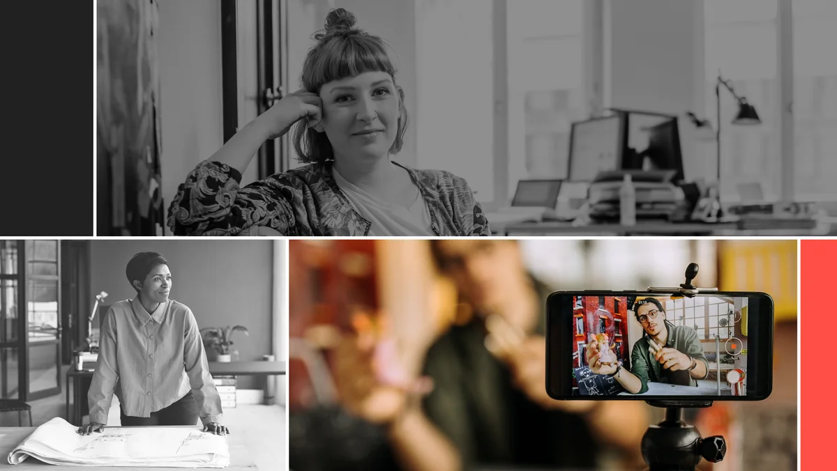 A collage of three images. The top image shows a person sitting in a chair in an office, the second image shows a person standing over a stack of blueprints in an office and the third image shows a mobile phone on a tripod shooting a video.