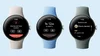 A line of three Pixel Watch 2 devices. From left to right: Emergency Location Sharing on Pixel Watch 2 with Porcelain Active Band; Safety Check on Pixel Watch 2 with Bay Active Band; Medical ID on Pixel Watch 2 with Hazel Active Band.