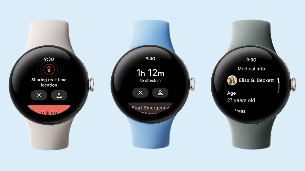 A line of three Pixel Watch 2 devices. From left to right: Emergency Location Sharing on Pixel Watch 2 with the Porcelain Active Band; Safety Check on Pixel Watch 2 with the Bay Active Band; and Medical ID on Pixel Watch 2 with the Hazel Active Band.